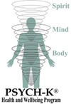 Grüne Menschen-Silhouette mit Spiralen. Text im Logo: „Spirit, Mind, Body, PSYCH-K®, Health and Wellbeing Program“.