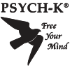 Schwarze Silhouette eines fliegenden Falken auf weißem Grund. Text im Logo: „PSYCH-K® - Free Your Mind“.